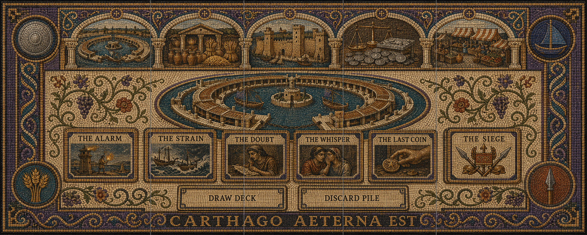The Age of Carthage game board rendered as an intricate mosaic, with the circular harbour, six Acts, draw deck and discard pile labelled in English.