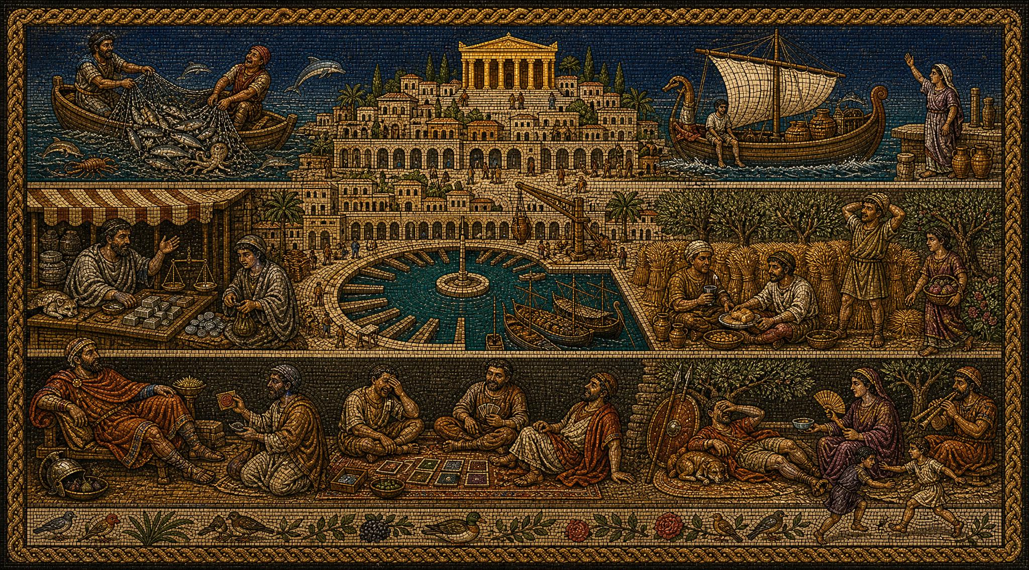 A wide mosaic illustration of daily life in ancient Carthage: fishermen and a merchant ship beneath the city skyline, the round Cothon harbour and a wheat harvest at the market, and a group playing cards on a rug with a musician nearby.